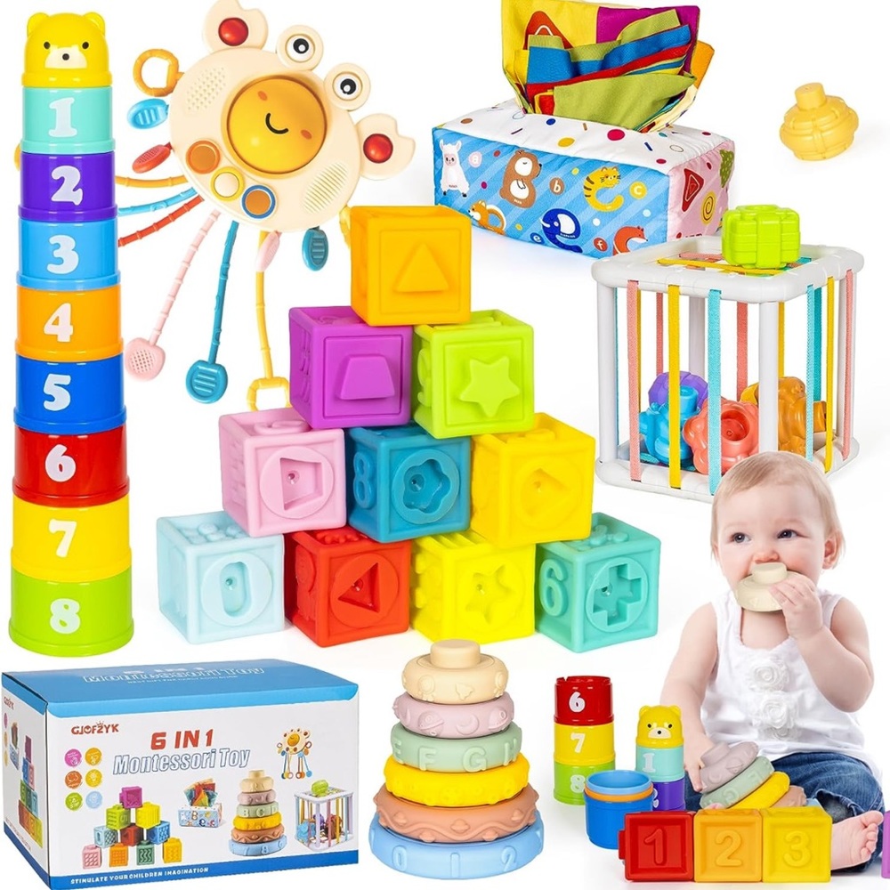 6 in 1 Montessori Toys for Babies 6–12 Months Stacking Block Soft Infant Ring S